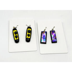 Lot 2 Pairs Handmade Dichroic Glass Dangle Earrings Iridescent Black Gold